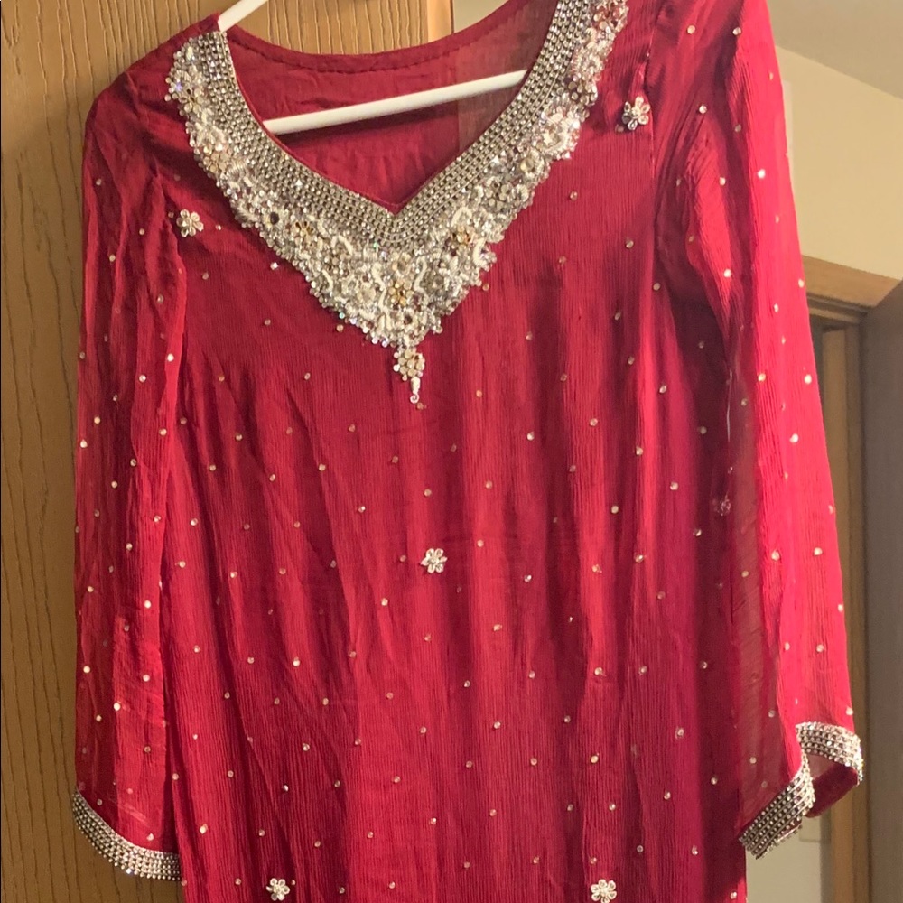 Red kameez and dupata with embroidery. With pants